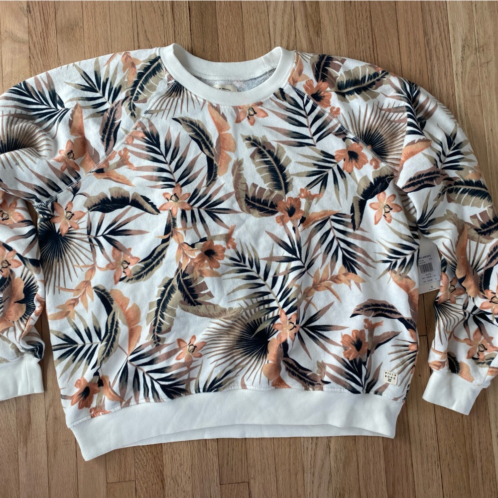 NWT Billabong tropical palm tree floral slouchy cropped raglan sweatshirt XL